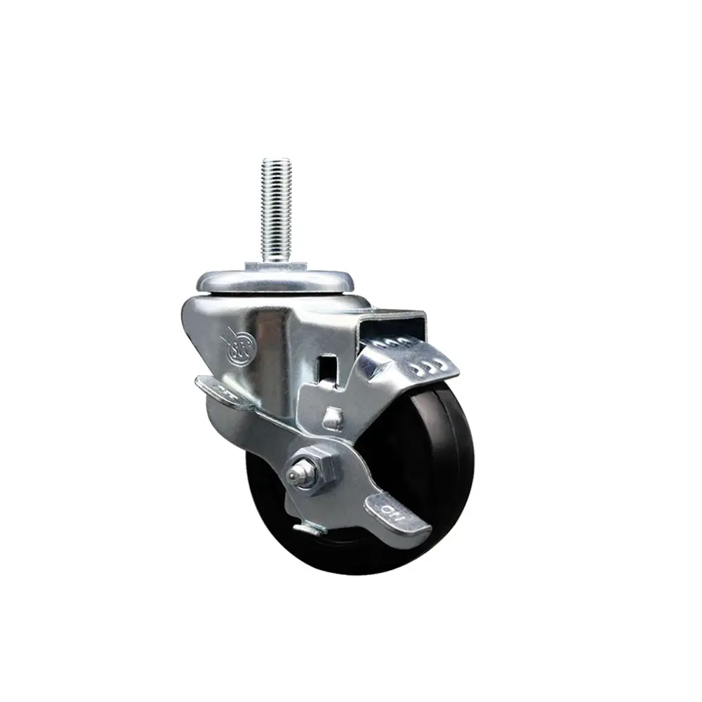 Service Caster SCC-TS20S314-HRS-TLB-58212 Hard Rubber Swivel Threaded Stem Caster, 3 x 1.25 in Black Wheel, 0.63 in Stem, Top Locking Brake, 275 lbs Load Capacity, Ball Bearing Design, Impact Resistance for Material Handling Carts & Equipment, Casters