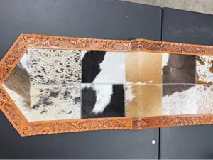 Genuine cowhide & hand tooled leather 6ft table runner- patchy cowhide
