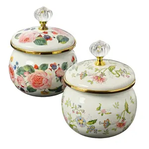 Vintage Floral Enamel Storage Jar with Sealed Lid and Crystal Knob, Decorative Container for Tea Coffee Sugar Candies, Kitchen Counter Organizer