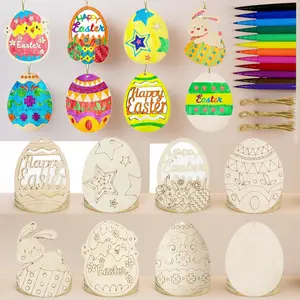 40 PCS Unfinished Wooden Easter Eggs Cutouts, 8 Styles Hanging DIY Wood Crafts to Paint for Kids Ages 4-8/8-12, Bulk Easter Ornaments for Party Decorations & Craft Activities