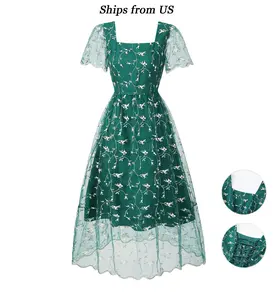 Women's Green Floral Embroidered Mesh Dress Square Neck Short Floating Sleeves Retro Style Trumpet Midi Dress Romantic Wedding Guest Party Summer Fashion Outdoor Fun   Womenswear Flowy Embroidery Elegance Dressy Casual