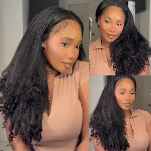 Kinky Straight Wig With Spiral Curls Ends V Part Wigs For Beginners Natural Blend Human Hair 3 In 1 Half Wigs Burmese Curly Hair Wigs Available #DealsForYouDays
