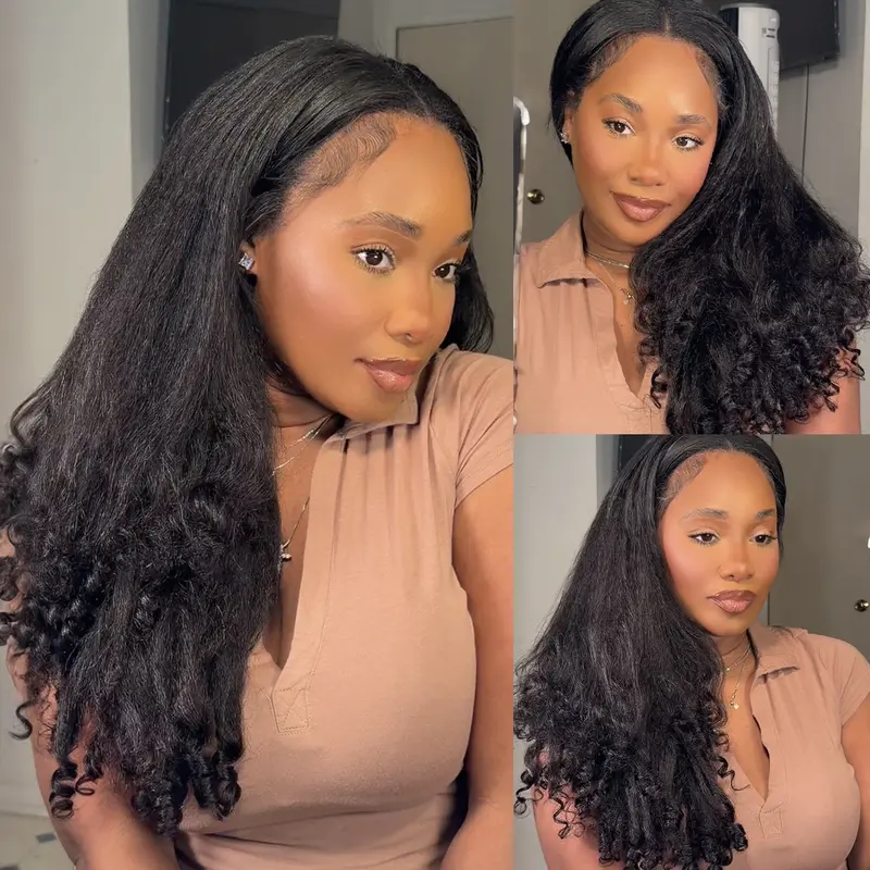 Kinky Straight Wig With Spiral Curls Ends V Part Wigs For Beginners Natural Blend Human Hair 3 In 1 Half Wigs Burmese Curly Hair Wigs Available #DealsForYouDays