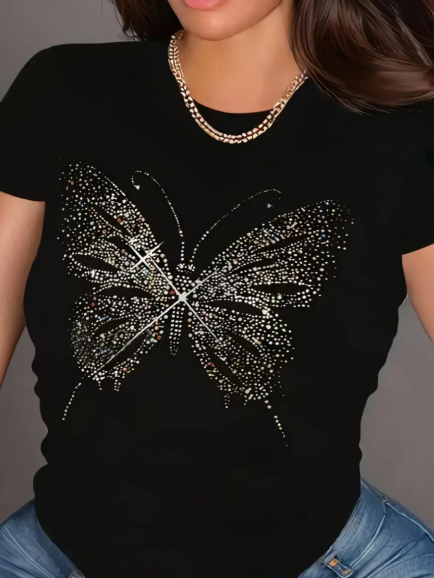 Butterfly Rhinestone T-Shirt for Women - Black Top with Sparkling Design - Perfect for Casual Wear