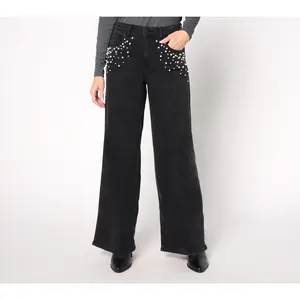 Me by Jennie Garth Black Reg Wide Leg Jean with Pearl Detail
