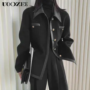 UOOZEE Women's Long Sleeves Viscose Collared Coat - Autumn Winter Style Tops Jacket, Loose Fit with Pockets, Personalized Patchwork, Retro Metal Buttons for Officelady Casual Wear
