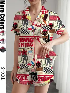 Women's Sleepwear Set, Stranger Things Printed Short Sleeve Button-Up Top & Elastic Shorts, Casual Home Wear for All Seasons