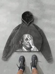 Men's Hooded Sweatshirt Cotton Wash Vintage Craft Dollar Face Print Oversized Shoulder Cut American Streetwear Casual Style Graphic Print Hoodie
