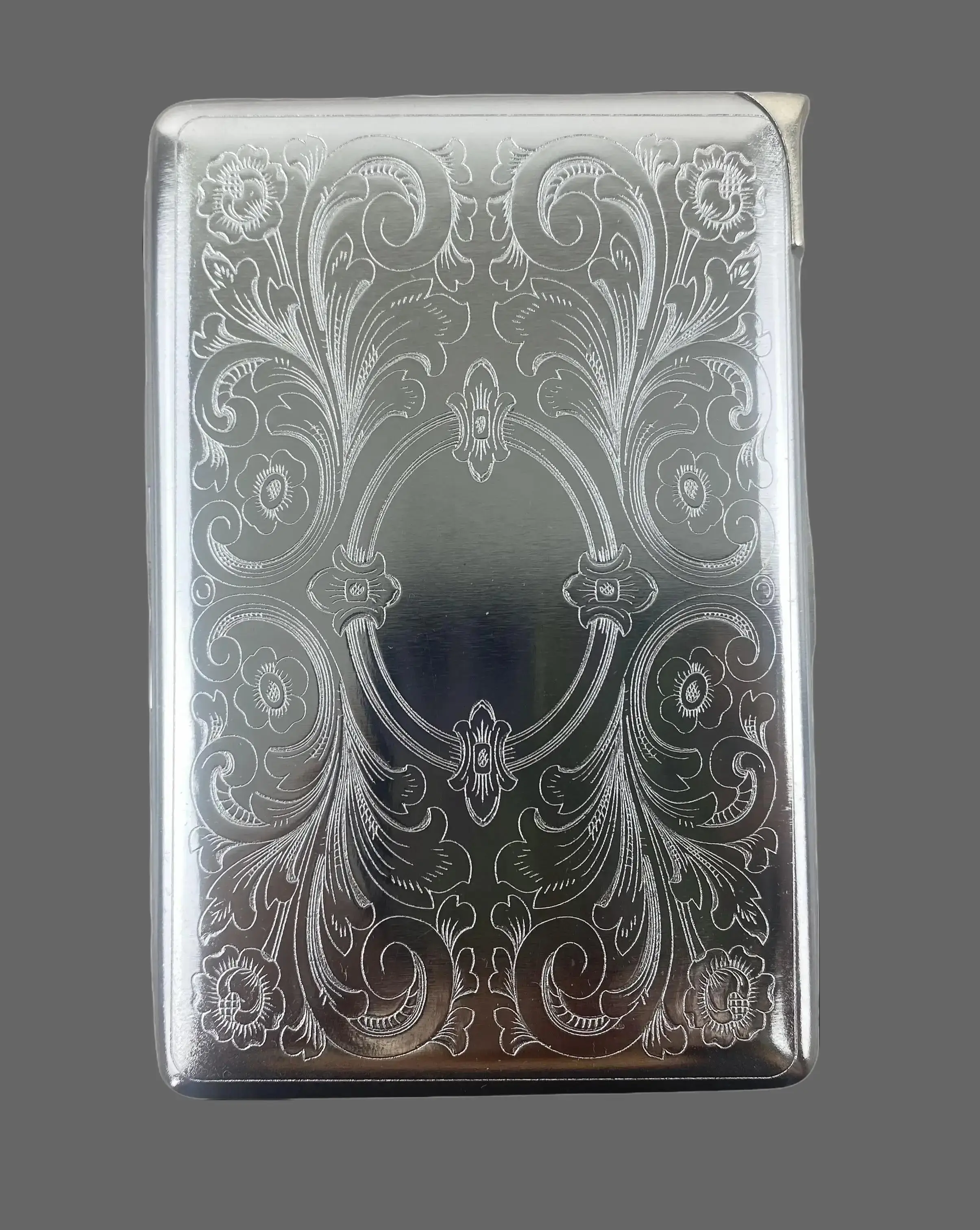 Designed Metal "Floral Swirl" Silver Case w/Built in Lighter
