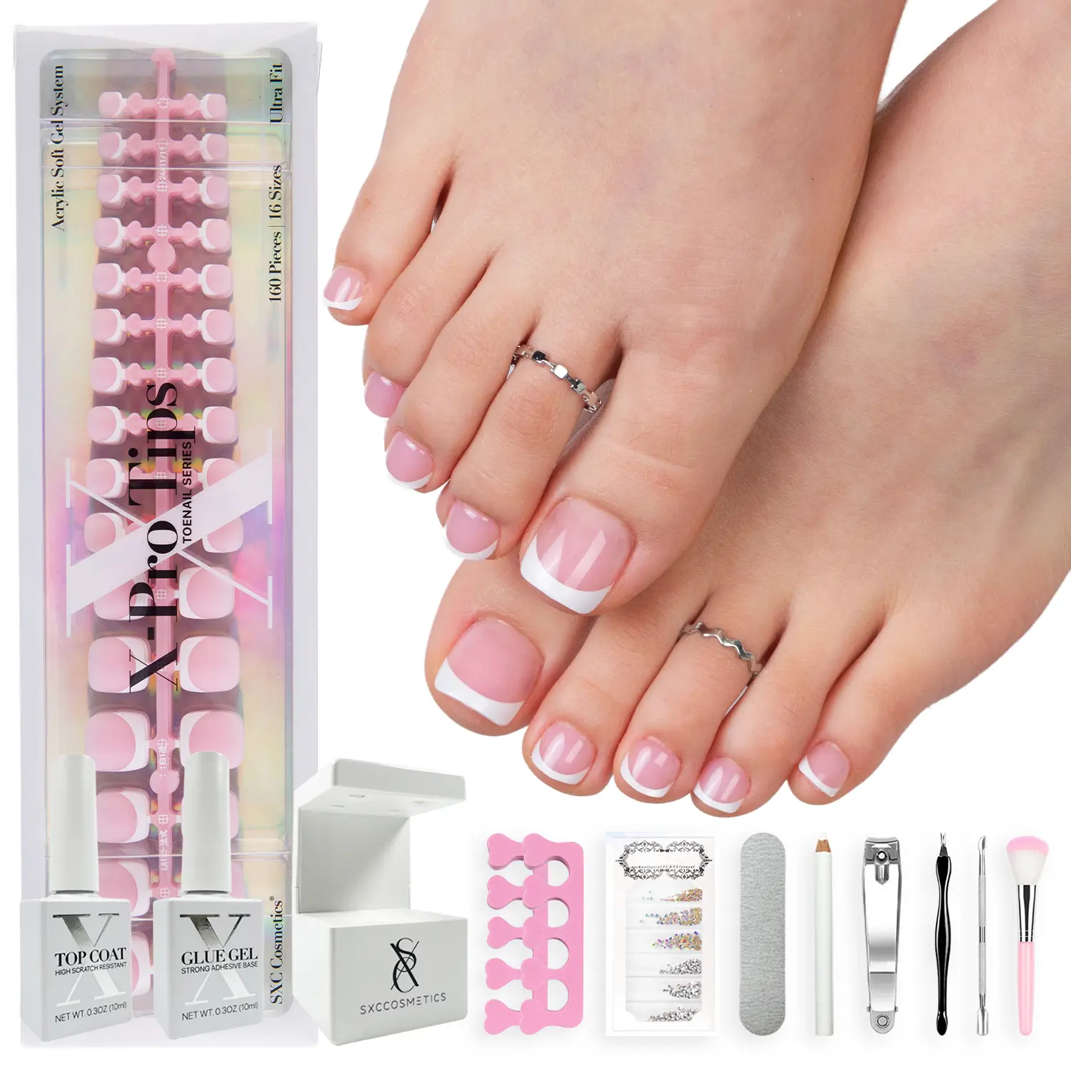 SXC Cosmetics X-Pro Tips French Tip Press On Toenails for Women – Acrylic Soft Gel System Starter Kit – Long-Lasting, Salon-Quality DIY False Toenails