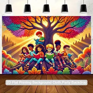 Kids Reading on Tree Photography Backdrop - Autumn Birthday Party Decorations, Children's Book Photo Shoot Background with Reading Kids - Durable Polyester Fabric Indoor/Outdoor Decoration for Librar