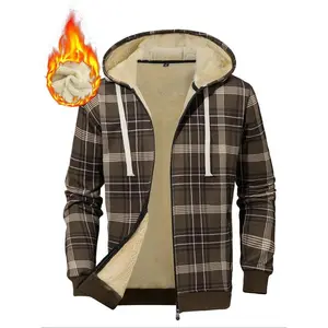 Men's Plaid Print Winter Hoodie Jacket, Fleece Lined Loose Fit Coat with Zipper Design & Pockets, Warm Thickened Outerwear