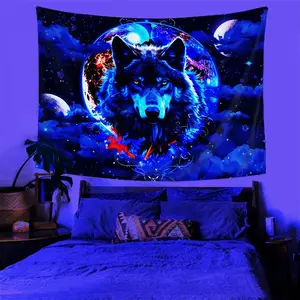 UV-Reactive Wolf King Tapestry - Black Night Sky with Glowing Moon & Stars, Anime-Inspired Polyester Wall Hanging for Bedroom, Living Room, Office Decor (No Electricity Needed), Highquality Print 60X40 Decoration Colorful