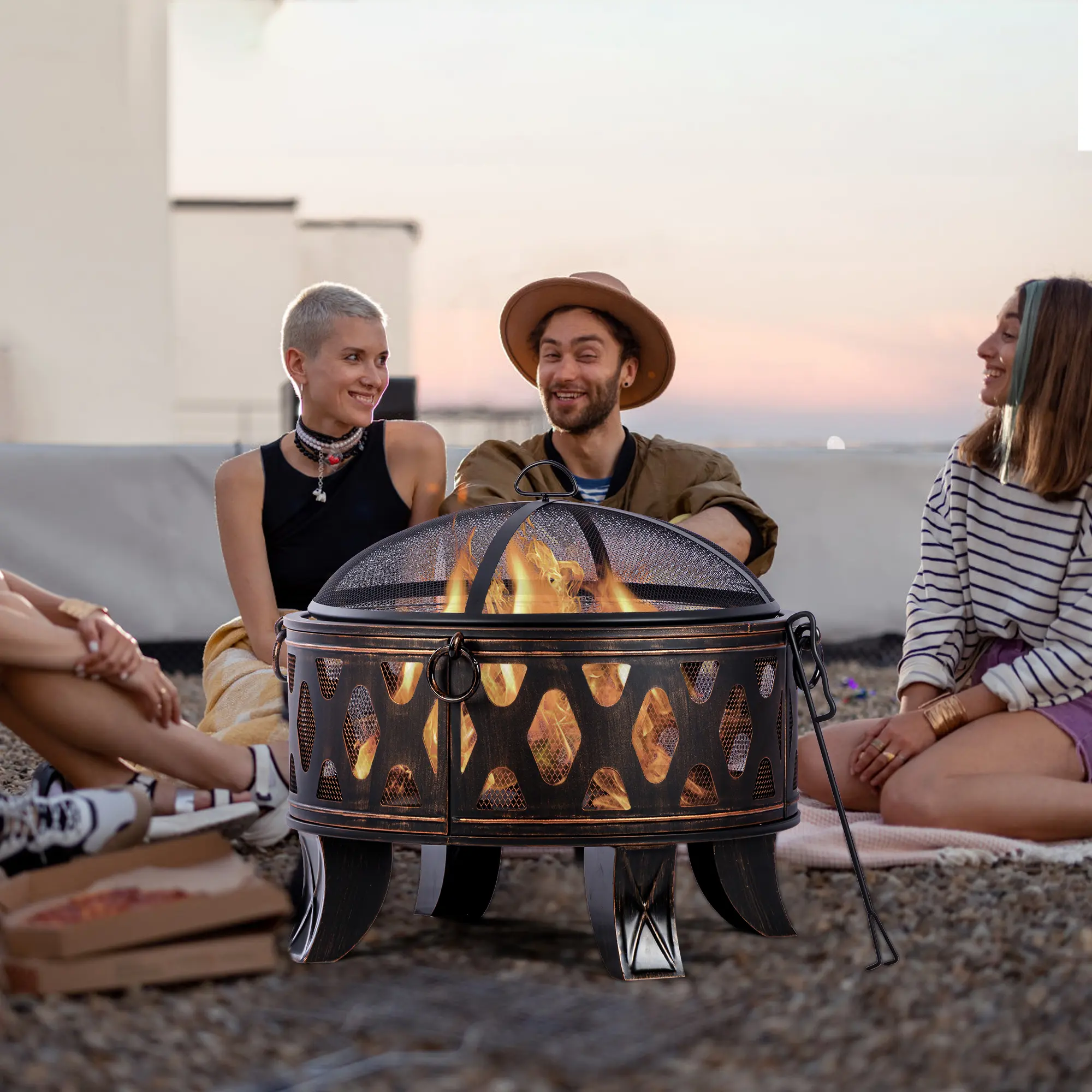 Outvue 26-Inch Fire Pit with Cooking Grill – Outdoor Wood-Burning Fire Pit with Spark Screen, Round Metal Design for Patio, Bonfire Parties, Camping, Perfect for Christmas, Thanksgiving, Halloween, and Holiday Decor Heavy Duty Firepit