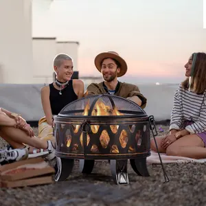 Outvue 26-Inch Fire Pit with Cooking Grill – Outdoor Wood-Burning Fire Pit with Spark Screen, Round Metal Design for Patio, Bonfire Parties, Camping, Perfect for Christmas, Thanksgiving, Halloween, and Holiday Decor Heavy Duty Firepit