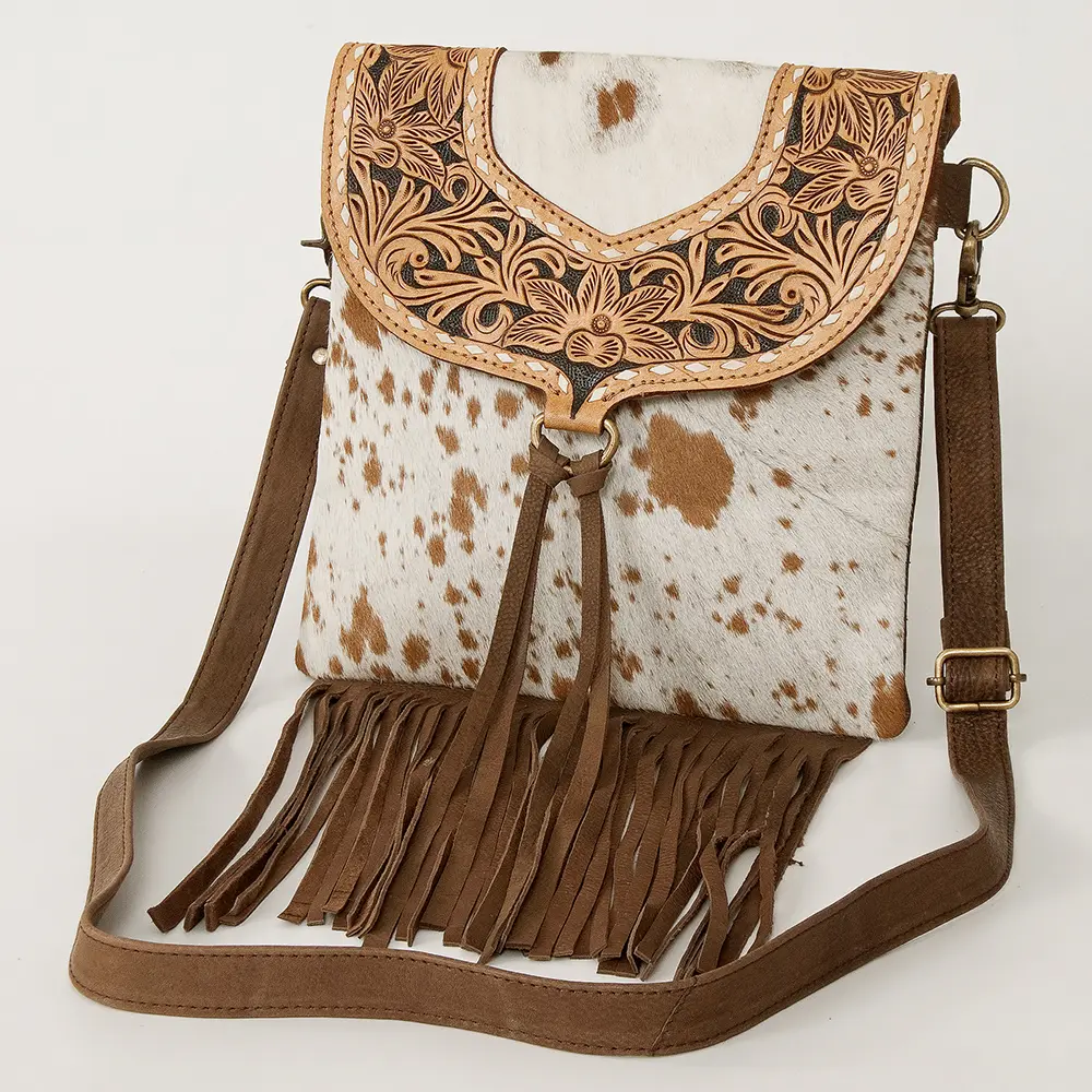 American Darling Messenger Bag Hand Tooled Floral Carved Leather Hair-On Cowhide Fringed Western Bag 10.5in x 11in