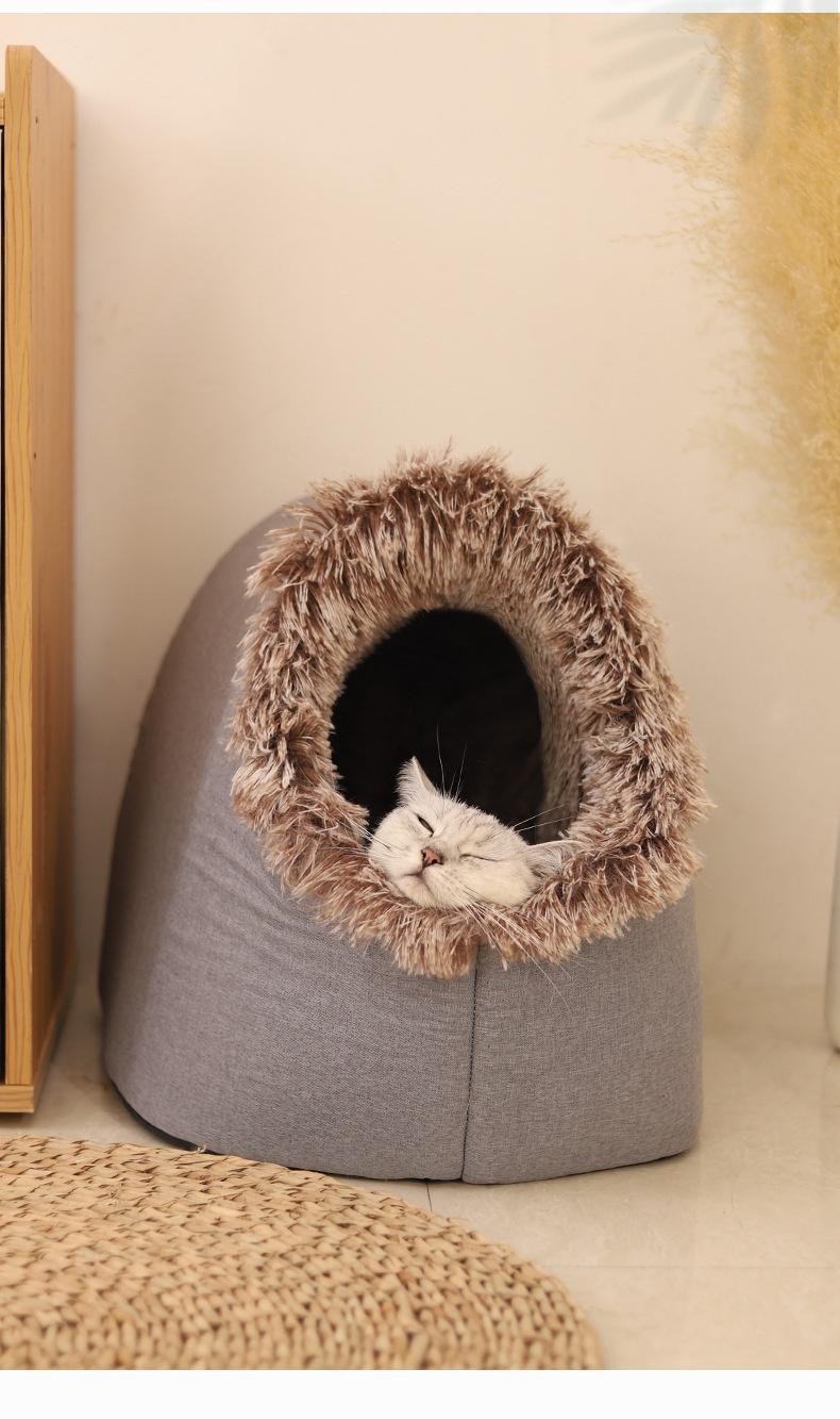 Cozy Enclosed Pet Bed Portable Cat and Dog House with Comfortable Long Fur Lining Ideal for Cats and Small Dogs Perfect for Warm Cozy Rest