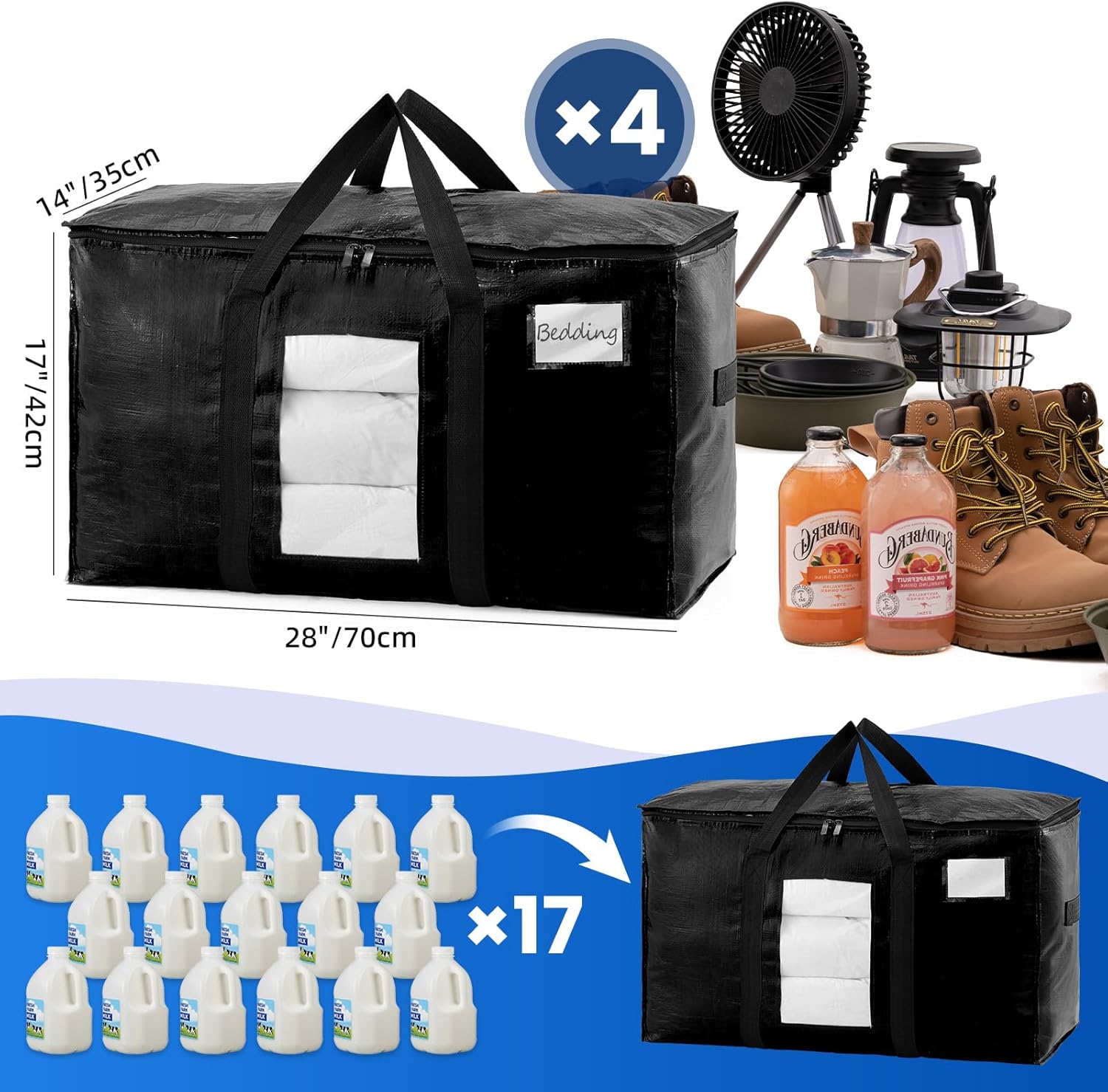 Extra Large Moving Bags, 4 Pack Black Heavy Duty Totes For Storage with Visible Window, Wrap Around Handles, Storage Bags for Space Saving, Alternative to Moving Boxes