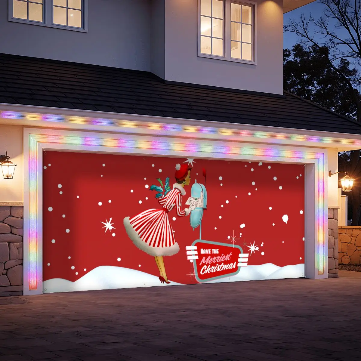 Mid Century Modern 50s Gal, Kitschy Holiday Red Christmas Garage Door Banner Backdrop