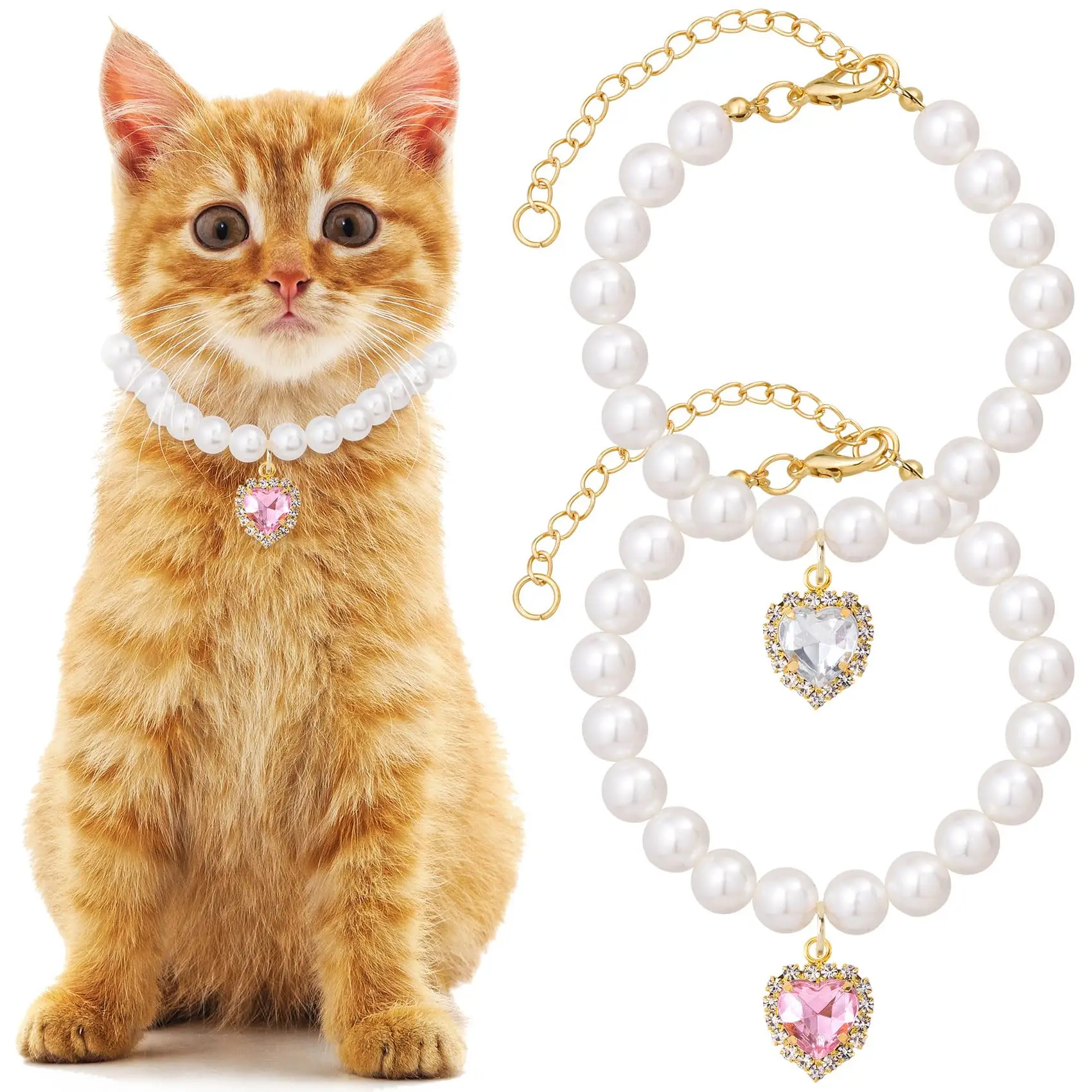 2-Pack Adjustable Pearl Cat Collar with Heart-Shaped Rhinestones - Cute Pet Necklace for Weddings, Parties, & Birthdays