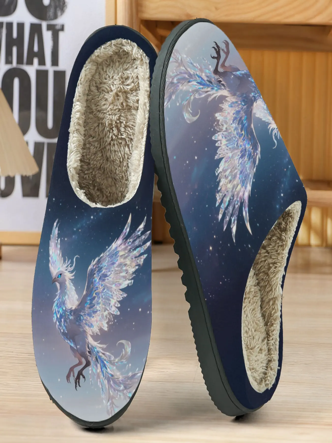 Dreamy Cure Cotton Slippers, Deep Starry Sky Background, Ice Crystal Phoenix Image, Soft Plush Lining, Casual Home Wear