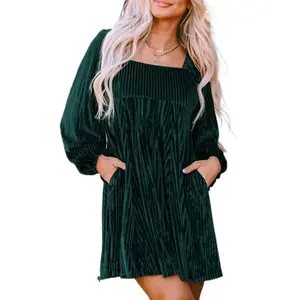 Women's Plain Bishop Sleeve Tie Back Square Neck Dress, Elegant Long Sleeve A Line Short Dress for Party Holiday Wedding Guest, Ladies Clothes for Winter Womenswear Green