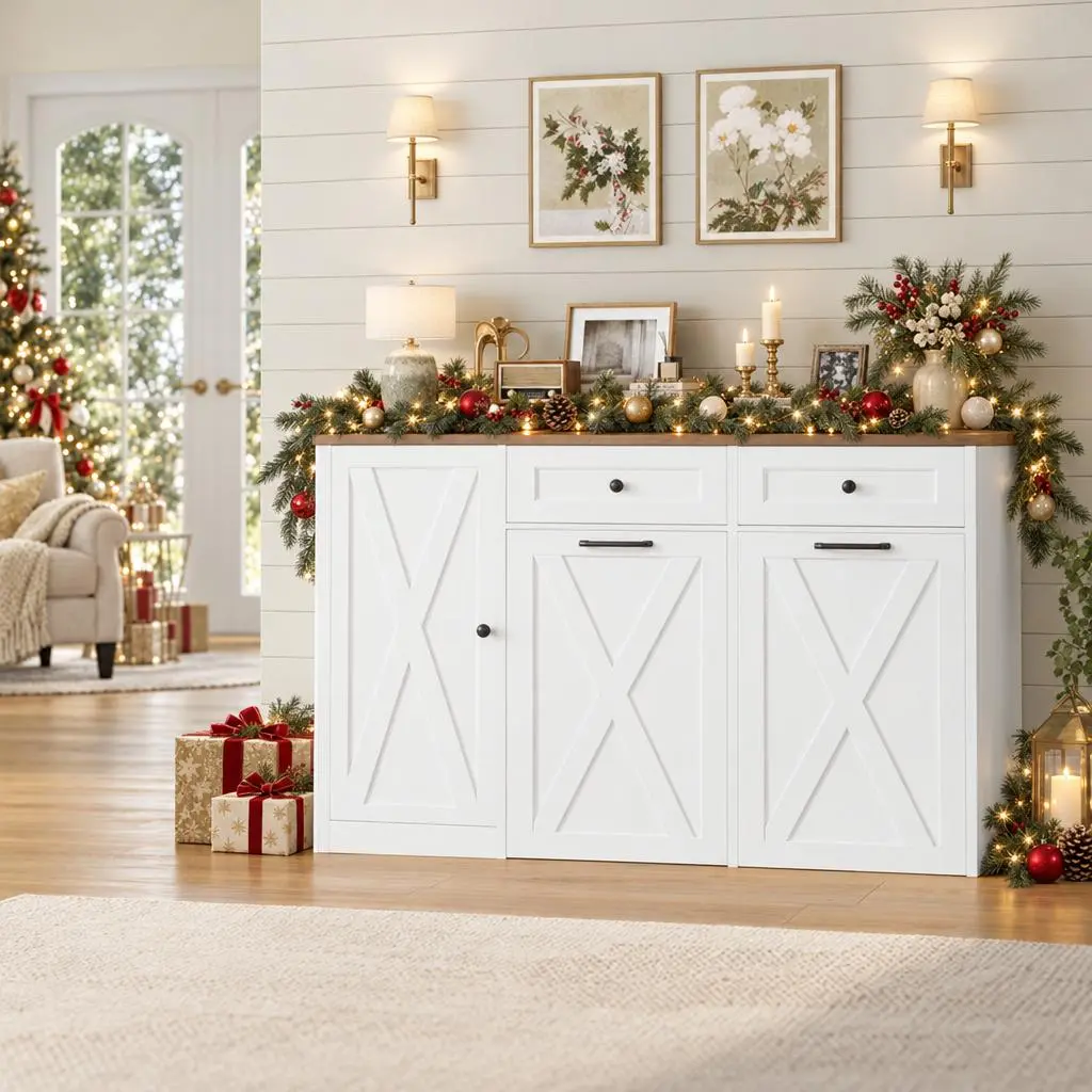 【FallDealsForYou】HOSTACK 47" Modern Storage Cabinet, Farmhouse Sideboard Buffet with Double Pull-Out Trash Cans, Hidden 12.5 Gal Bins, Kitchen Storage Cabinet for Dining Room, Christmas Gift, Home essentials