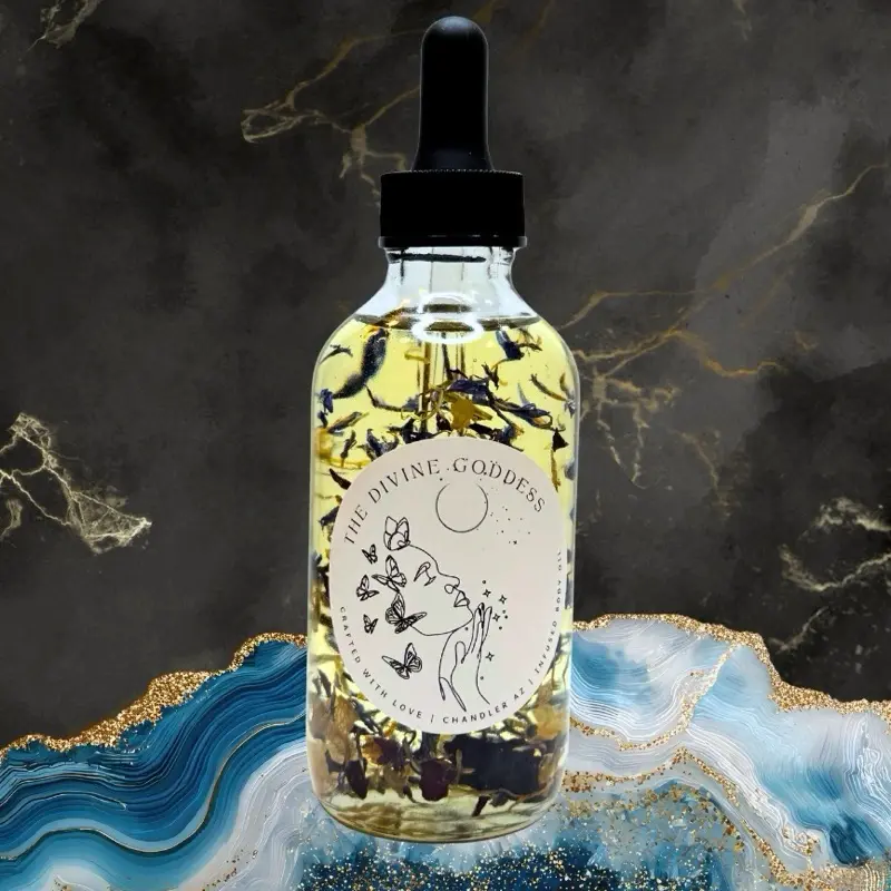 The Divine Goddess Body & Bath Oil Blend: With Pure Natural Oils for Every Skin Type. Hand-crafted, reiki infused, and charged with quartz
