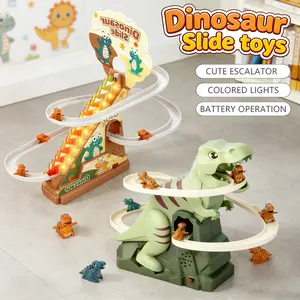 Dinosaur stair climbing toy-electric track sliding lamp children's music. Children's dinosaur automatic climbing toy safety interactive slide rail set. Children's dinosaur sliding toy-educational stair climbing electric set