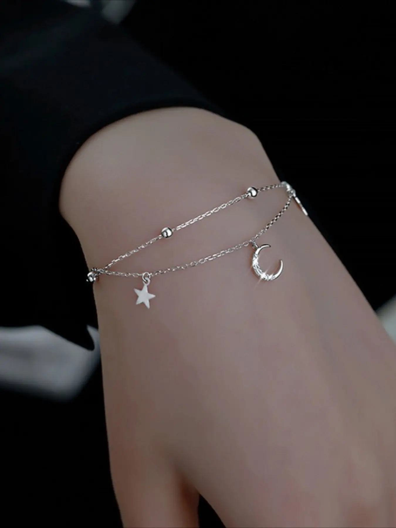 Dreamy Star Moon Dual Layer Silver Color Bracelet, Unique Soft Style Jewelry, Fashionable Women's Accessory, Elegant and Stylish Design