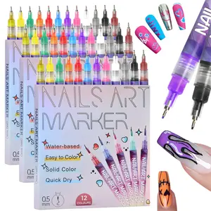 12 Color Nail Art Pens Set, 0.5MM Nail Pens Nail Point Graffiti Dotting Pen Drawing Painting Liner Brush for DIY Nail Art Beauty Adorn Manicure Tools