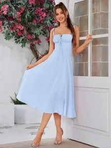 Women's Plain Ruched Boning Corset Milkmaid Dress, Lace Up Dress, Party Dress, Split Thigh Dress, Tie Front Dress, Elegant Square Neck Midi Dress, Dresses for Women, Frenchy Style Non Bodycon Dress Christmas, Formal Dresses, Adjustable