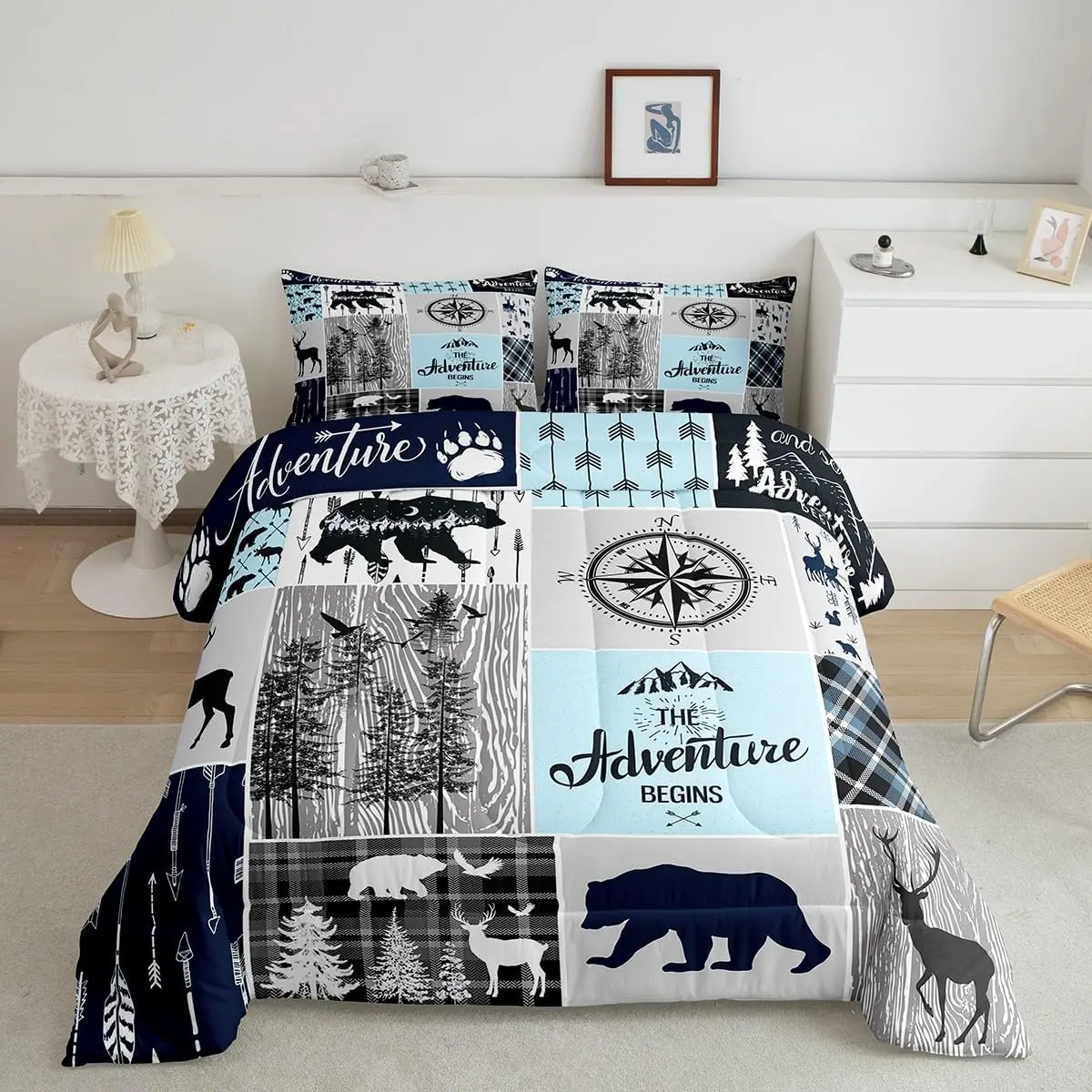 Feelyou Queen Size Rustic Patchwork Quilt Set - Soft Multi-Size Bedding Set with Plaid Buffalo Check, Hunting Deer, Bear Animal Motifs, All-Season Travel-Friendly Country Farmhouse Bundle, Machine Washable, Prevents Fill from Clumping Duvet Insert