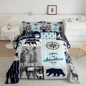 Feelyou Rustic Patchwork Comforter Set - Decorative Bedding Set with Hunting Deer Bear Design, Checkered Buffalo Plaid Cozy Quilt, Country Farmhouse Duvet Insert