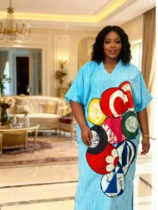 Fashion V-Neck Half Sleeve Plus Size Polyester Loose Maxi African Dress, Stylish Women's Casual Clothing, Comfortable and Breathable