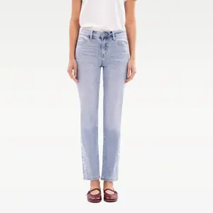 BlueMoment Bloomie Mid Waist Embroidered Hem Stretchy Jeans Women Straight Leg Casual Denim Pants Regular Fit Cotton Blend Summer Bottoms