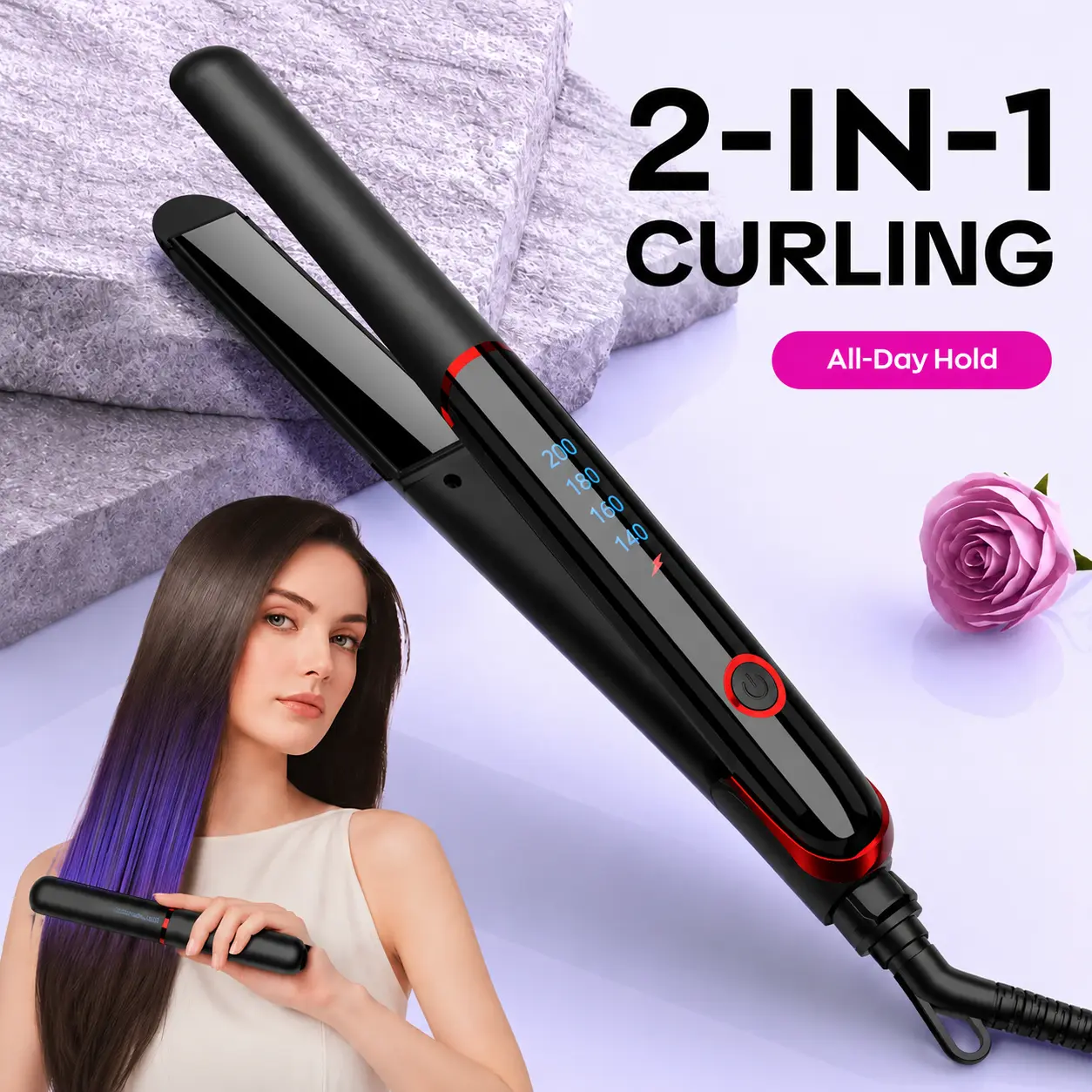 2-in-1 Hair Straightener Flat Iron and Curler, Hair Styling Tool with Titanium Ceramic Plates, Fast Heating Curling Iron for Straight, Waves and Curls, Portable Travel Styling
