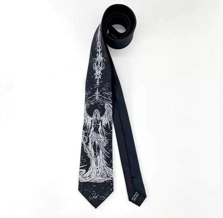 Unisex Normal Type Gothic Hell Embroidery Necktie, Black Punk Aesthetic Handcrafted Tie, Edgy Statement Accessory for Men-Women, 7x146cm Hand Tie, Embroidered Goth, Accessories