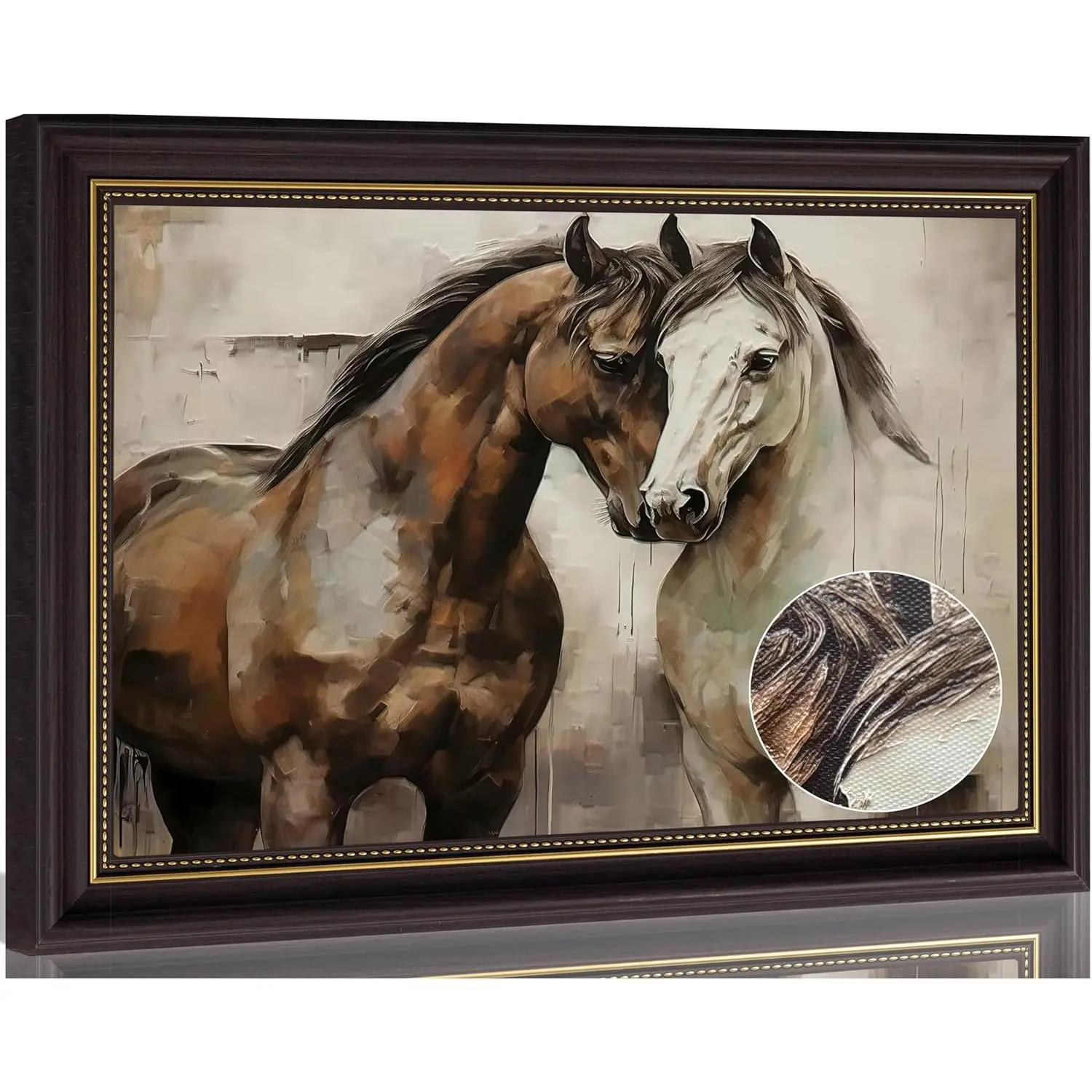 3D Texture Vintage Two Horses Framed Wall Art,Equestrian Couple Canvas Picture Wall Decor,Rustic Farmhouse Poster Print Artwork for Bedroom,Office,Study, Living Room Home Decoration,9x11 Inches