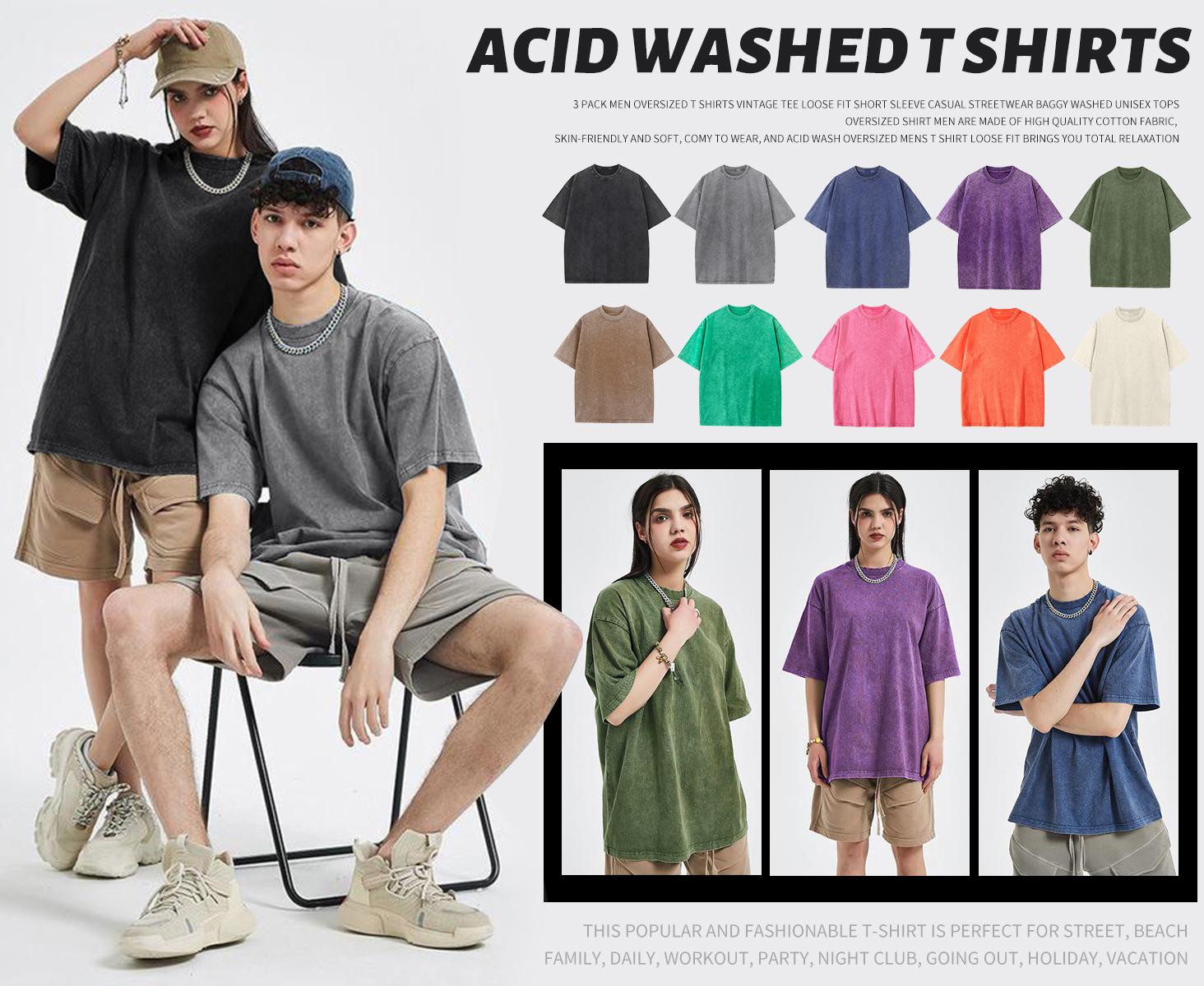 Gihuo 4 Pack Men Women Oversized Tshirts for Men Acid Wash Loose Fit Vintage Cotton Heavyweight T Shirts Baggy Tees Unisex Tops Casual Soft