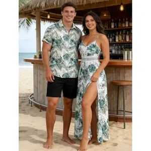 Vacation Couple Outfit Hibiscus Floral Leaf Pattern Geometric Lace Panel Hollow Out Long Dress and Button Up Shirt Casual Matching Outfit beachwear