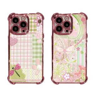 Cute Coquette Cottagecore Floral Case - Pink Green Aesthetic Protective Cover For iPhone 17 Pro Max 16 15 14 13 12 11 for Samsung S22 S23 S24 S25 S26 Phone Case|gift for him for her|Best Gift  #YGSJDHUA49