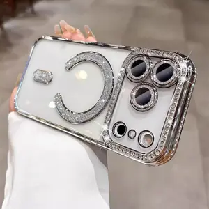 Magnetic Sparkle Diamond Phone Cases for iPhone 17/16/15/14 Plus/13/12 Pro Max Case, Compatible with MagSafe, Sparkle Diamond Camera Protection Shockproof Clear Cute Glitter Bling Phone Cover for Women and Girls