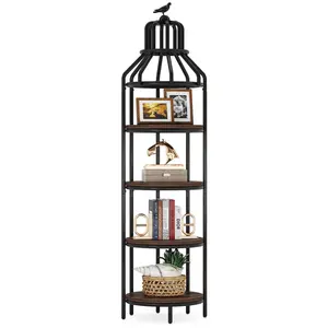 Tribesigns 4-Tier Corner Bookshelf for Living Room & Office, Rustic Brown Small Bookcase with Industrial Style, 4-Shelf Floor Display Organizer