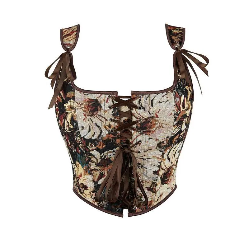 Women's Floral Print Lace Up Corset Top, Elegant Fit  Grommet Eyelet Contrast Binding Shapewear Top for Daily Wear, Fashion Women's Shapewear for All Seasons Adjustable Aesthetic