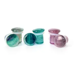 Fluorite Stone Single Flare Plugs Pair of Rainbow Purple, Green, and Blue Gauges 4mm-25mm