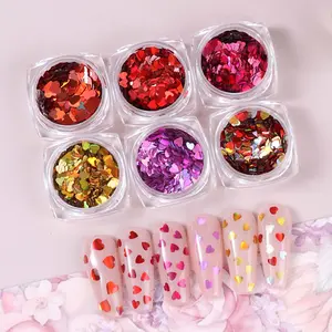 6 Bottle Multi-Color Love Heart Nail Art Sequins Set, Mini Heart Ultra-Thin Flakes DIY Nails Valentine's Day Nail Accessories, Shiny Charm Design Decoration, Glitter Kit