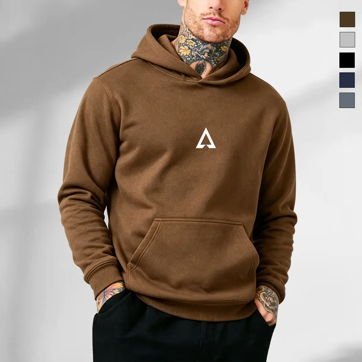 Men’s Minimalist Triangle-Pattern Fleece Pullover Hoodie, Menswear Tops Casual Sweatshirts with Adjustable Hood, Soft Fabric, Front Pocket, Loose Comfortable Warm Breathable Fit for Daily Commuting, Street Style