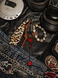 Miu-Style Bag Accessory, Handmade DIY Leopard Print Bow Keychain, Boho Fringe Bag Charm, Trendy Braided Rope Leather Key Chain