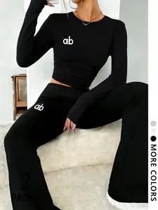 Y2K Slim-Fitting Set, High Stretch Milk Silk Fabric, Short Ruched Long Sleeve Top & High Waist Flare Pants, Geometric Pattern, Lady, Womenswear